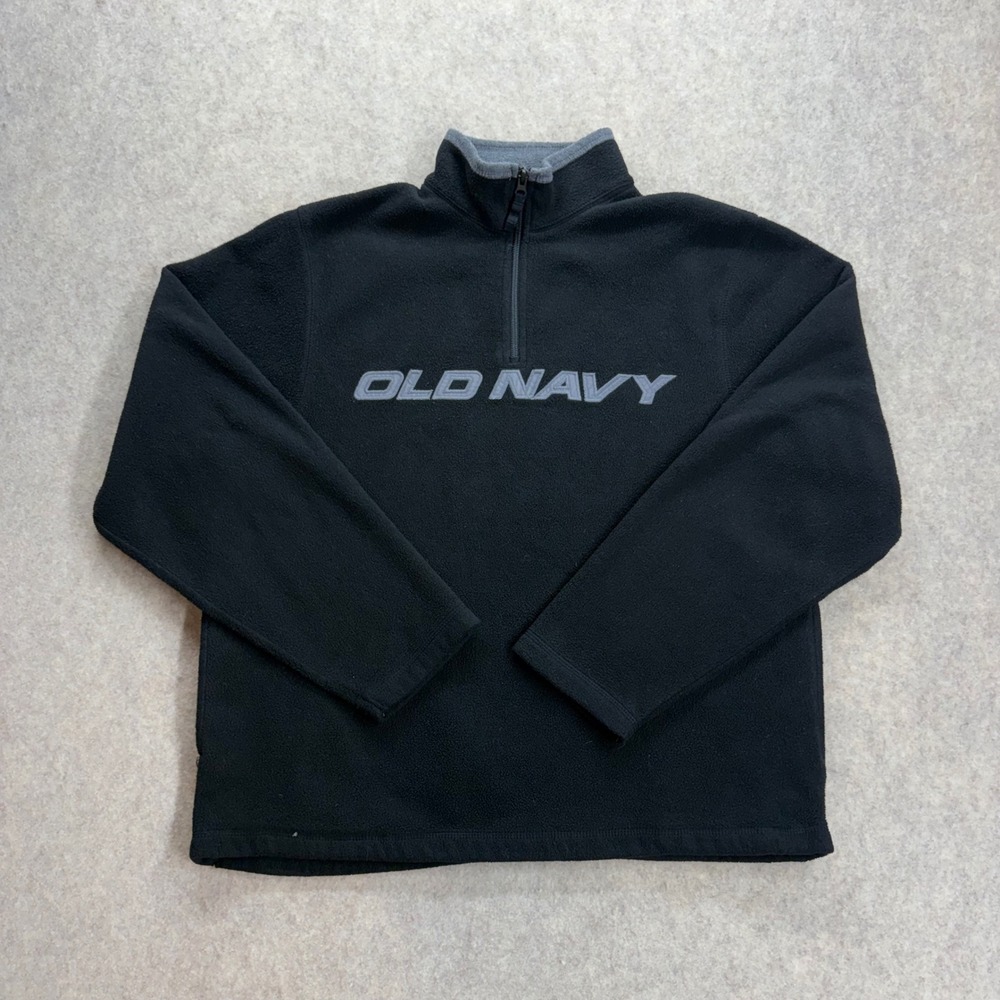 Y2K Old Navy Mens Fleece Quarter Zip Pullover Black Gray Logo Big Spellout Large